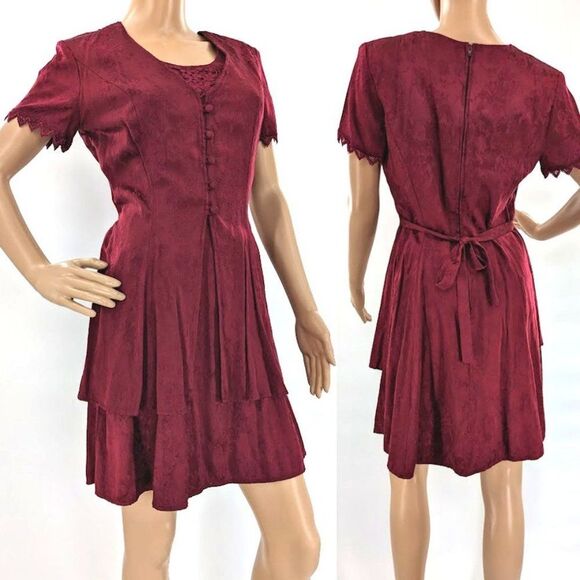 Vintage 1990s Mini Dress Floral Crochet Maroon Satin Empire WhimsiGoth Jr's 5 - Picture 7 of 16